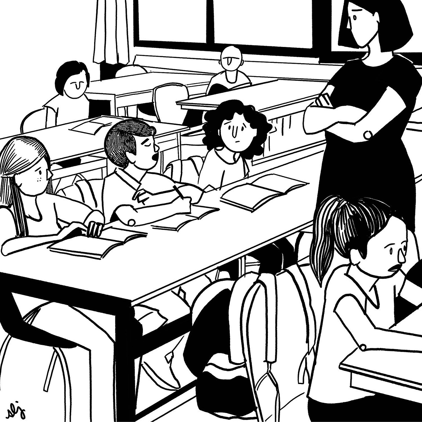 In a classroom a teacher stands in front of a student. The student says “My homework is stuck on a boat because of...