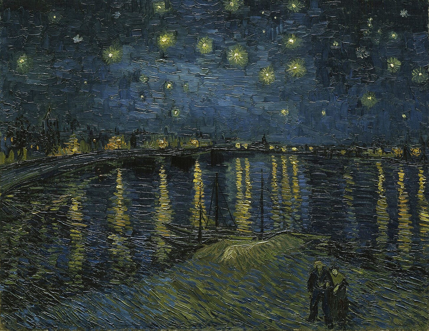 Gas lamps along the far bank of a dark blue river throw long gold and orange reflections across the water under a starry green blue sky, while a couple walks on the near bank.