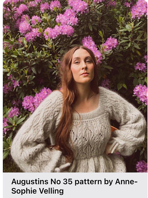 A frilly knitted sweater, a mushroom hat and a lacy knitted bed jacket