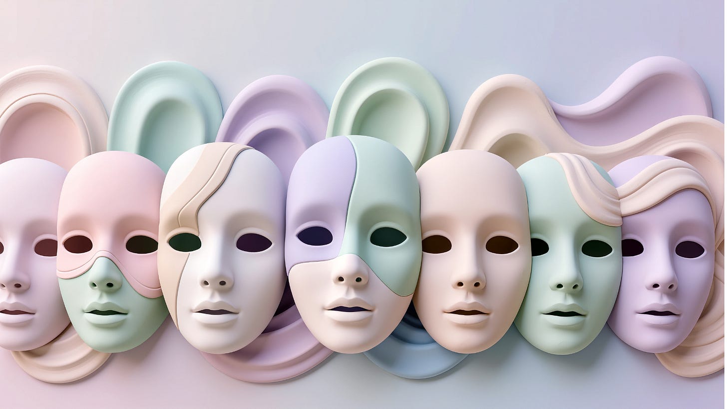 Photograph of 7 masks of differing colors on a multicolored background Photograph of 7 masks of differing colors on a multicolored background
