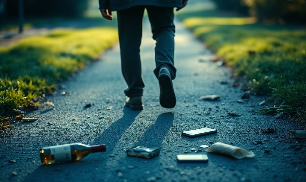 Photorealistic image of person walking forward on path, leaving behind scattered items on the ground (wine bottle, phone, junk food), shot from behind, cool morning light, blue-green tones, sense of moving on and leaving old habits behind, cinematic composition