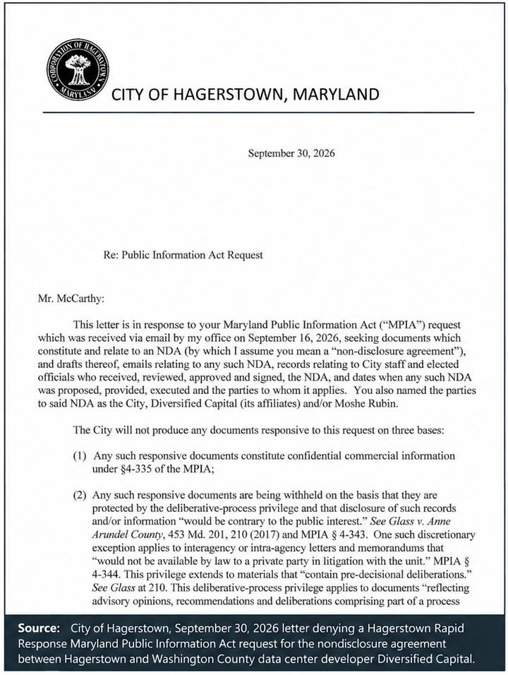 Jason Morton, Hagerstown City Attorney; Scott Nicewarmer, City Administrator; Jill Thompson, Dept of Planning and Economic Development Director; Wes Decker, Director of Communications; Denying MPIA Request for NDA with Data Center Developer Diversified Capital