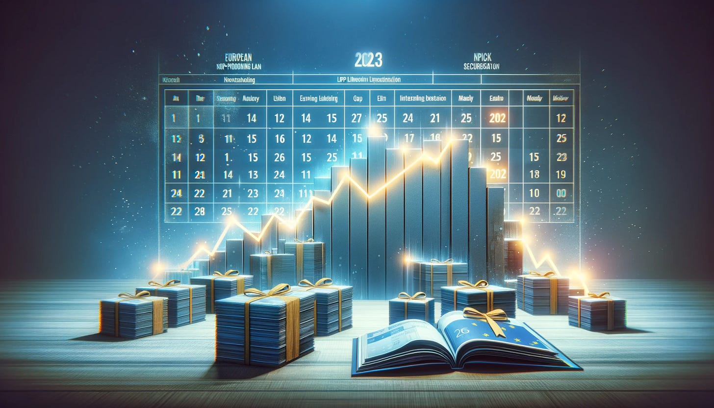 An abstract conceptual image representing the European Non-Performing Loan (NPL) securitisation market slowdown in 2023. Visualize a graph with a steep decline, symbolizing the decrease in transactions after the European Central Bank increased interest rates. Include a calendar in the background with 2023 marked, showing minimal activity throughout the year except for a small spike in the final weeks. The overall tone should convey a sense of stagnation and pause in the market, with subdued colors and a few brighter spots towards the end of the timeline to represent the late issuances.