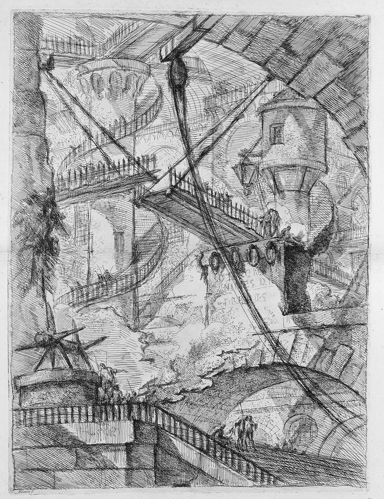 Piranesi's The Drawbridge, an etching of a stone vault with a drawbridge on chains, high gangways and a spiral staircase