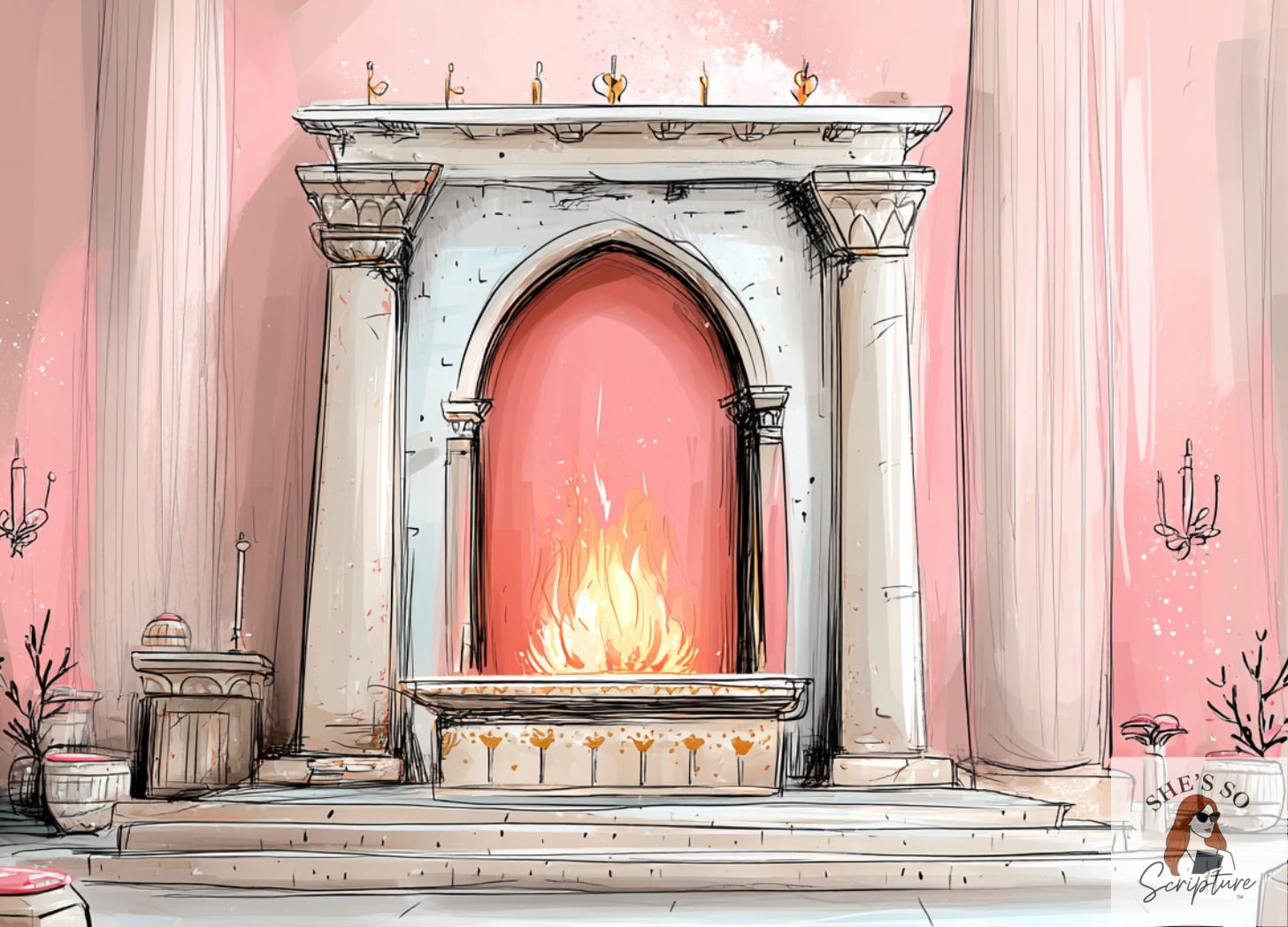 Watercolor illustration of a steady flame burning on a stone altar, symbolizing God’s continual presence and the command to keep the fire burning in Leviticus