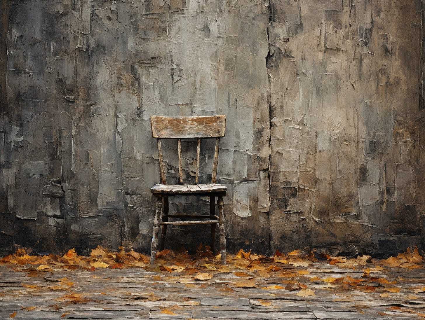 A rustic wooden chair sitting against a grey wall, surrounded by a smattering of leaves on the floor.