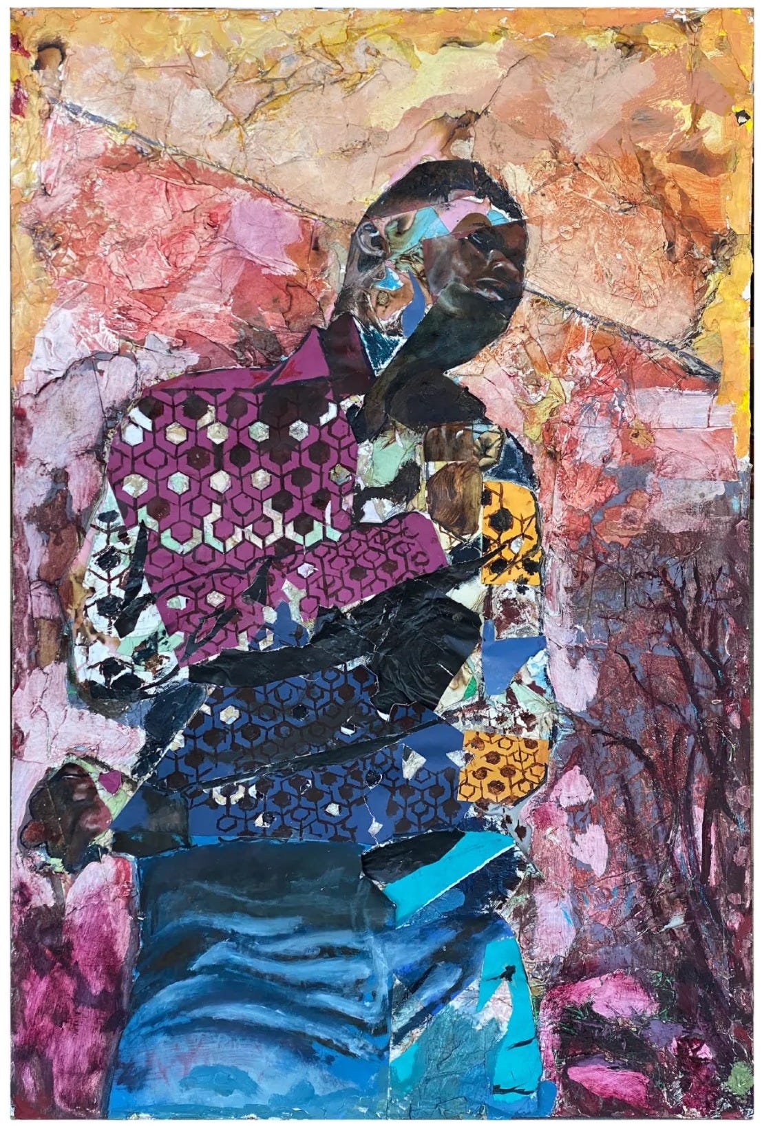 Mixed-media portrait of a seated figure constructed from layered collage patterns and paint in pinks, blues, and warm tones. Mixed-media portrait of a seated figure constructed from layered collage patterns and paint in pinks, blues, and warm tones.
