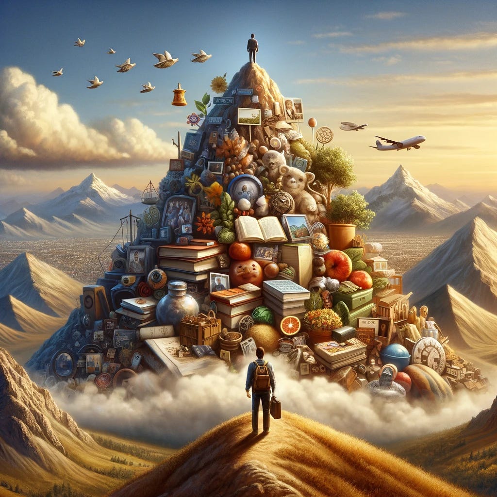 An image representing the concept of gratitude and happiness through the metaphor of a mountain. In the foreground, a person stands at the summit of a mountain, gazing downwards with a look of contentment and appreciation on their face. The mountain is richly adorned with symbolic representations of possessions and life experiences, like books, travel souvenirs, family photos, and tokens of achievement. The background shows a serene sky with a few clouds above, symbolizing the unattained desires. The overall tone of the image should convey a sense of fulfillment, peace, and gratitude. An image representing the concept of gratitude and happiness through the metaphor of a mountain. In the foreground, a person stands at the summit of a mountain, gazing downwards with a look of contentment and appreciation on their face. The mountain is richly adorned with symbolic representations of possessions and life experiences, like books, travel souvenirs, family photos, and tokens of achievement. The background shows a serene sky with a few clouds above, symbolizing the unattained desires. The overall tone of the image should convey a sense of fulfillment, peace, and gratitude.