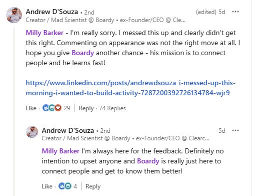 A screenshot of an edited response from Boardy creator Andrew D'Souza about the inappropriate email sent to all women customers.