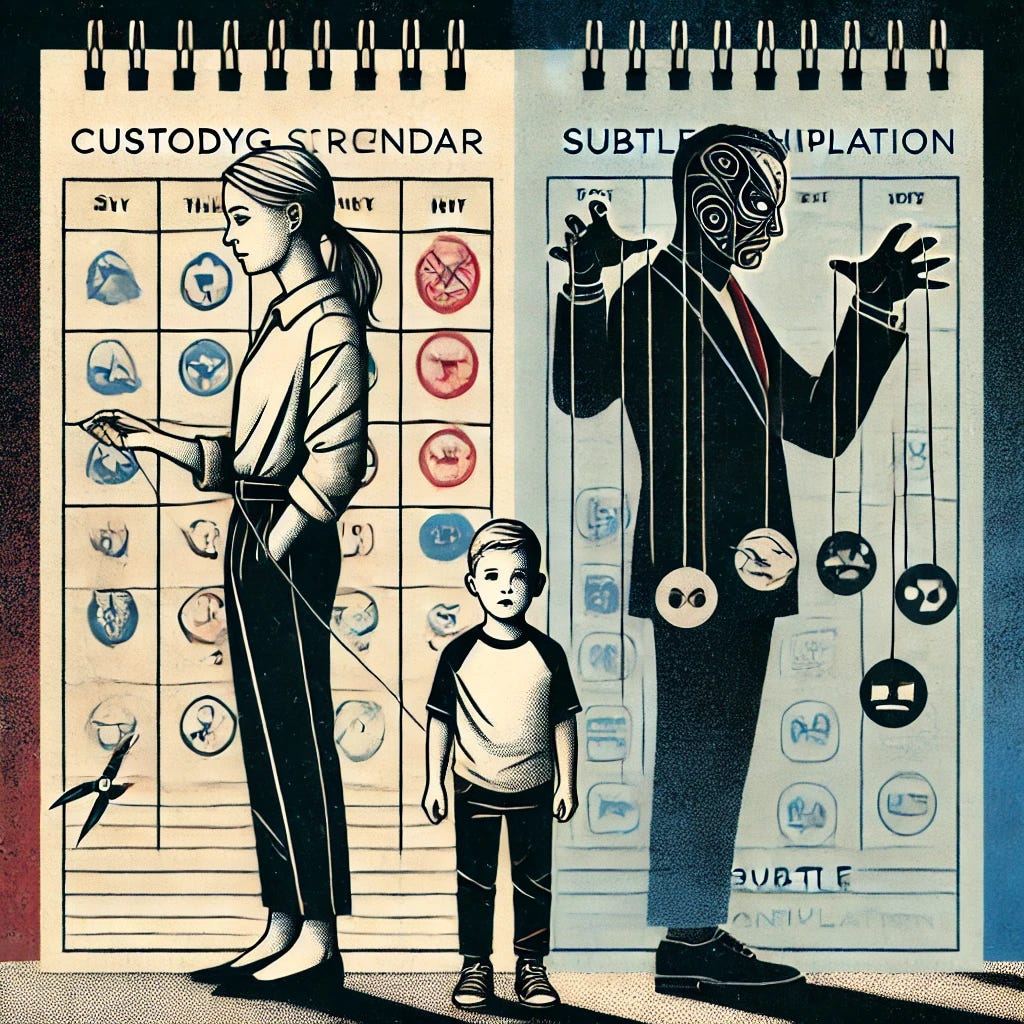 A visually striking and emotional illustration of co-parenting struggles with a narcissist, focusing on subtle manipulation. The image features two adults standing apart on opposite sides of a custody calendar, with a child in the middle looking confused and torn. One parent has a calm and composed demeanor, holding a shield representing boundaries, while the other appears shadowy and manipulative, subtly pulling strings like a puppeteer. The background includes faint symbols of communication apps and text messages to represent modern co-parenting challenges. The overall tone is poignant, highlighting the complexity of navigating these dynamics.