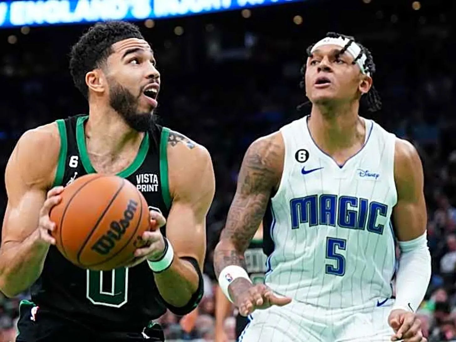 Jayson Tatum of the Boston Celtics and Paolo Banchero of the Orlando Magic will meet in the first round of the NBA Playoffs. Jayson Tatum of the Boston Celtics and Paolo Banchero of the Orlando Magic will meet in the first round of the NBA Playoffs.