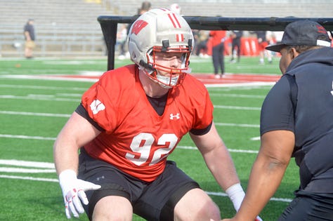 Wisconsin defensive linemen participate in individual position drills during Saturday's spring practice inside Camp Randall Stadium.