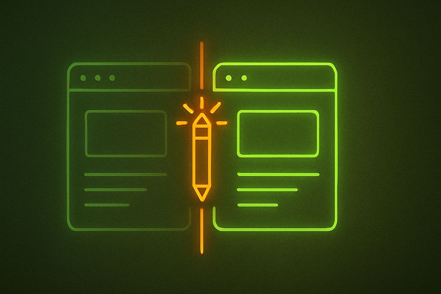A "before" web page icon on the left, an "after image on the left. Divided by a pen with a bright point