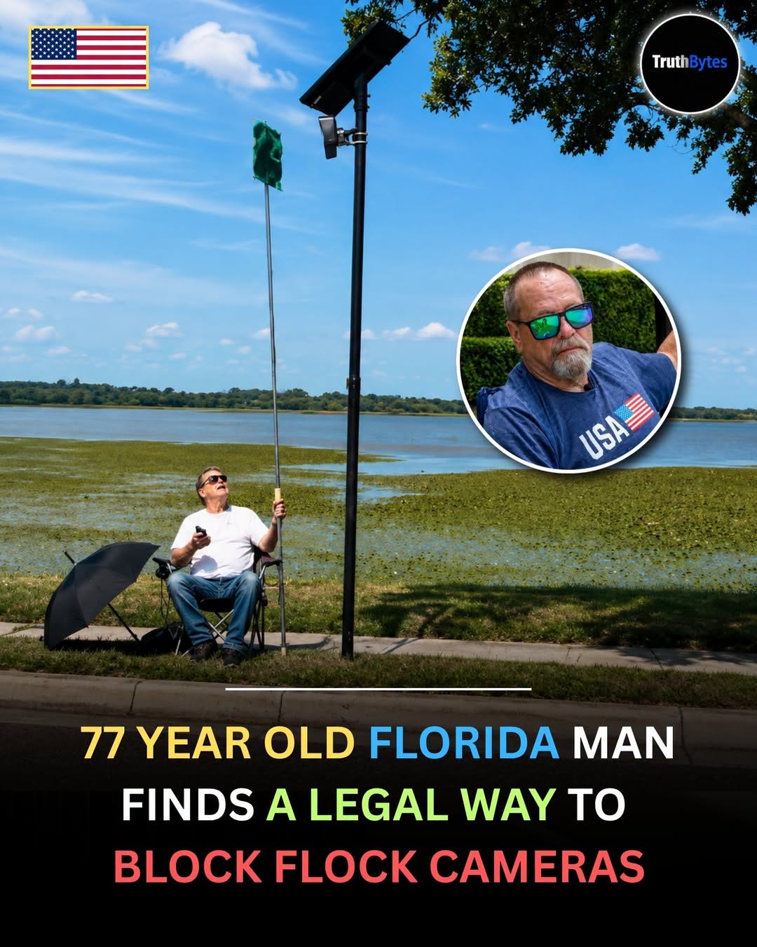 May be an image of text that says 'Truth TruthBytes Bytes USA 특 USA 77 YEAR OLD FLORIDA MAN FINDS A LEGAL WAY to BLOCK FLOCK CAMERAS'