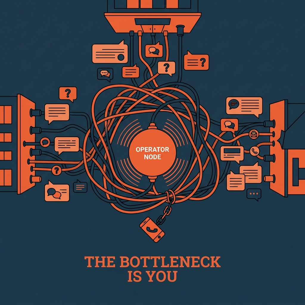 The bottleneck — a single operator node tangled in inbound message lines from three properties, chained to a phone.