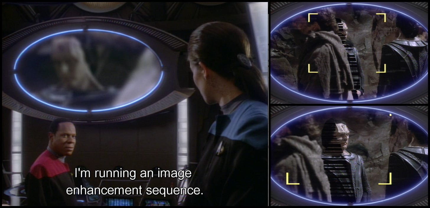 collage of frames from Star Trek: Deep Space Nine featuring unrealistic image enhancement