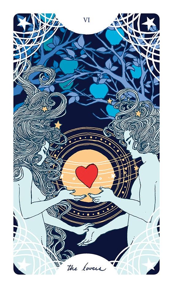 This may contain: the lovers tarot card is shown with two women holding a heart in their hands