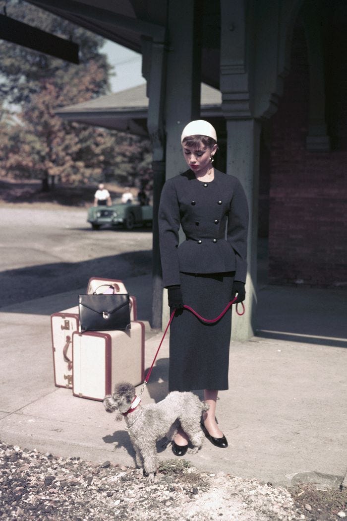 This may contain: a woman is standing on the sidewalk with her dog and suitcases in front of her