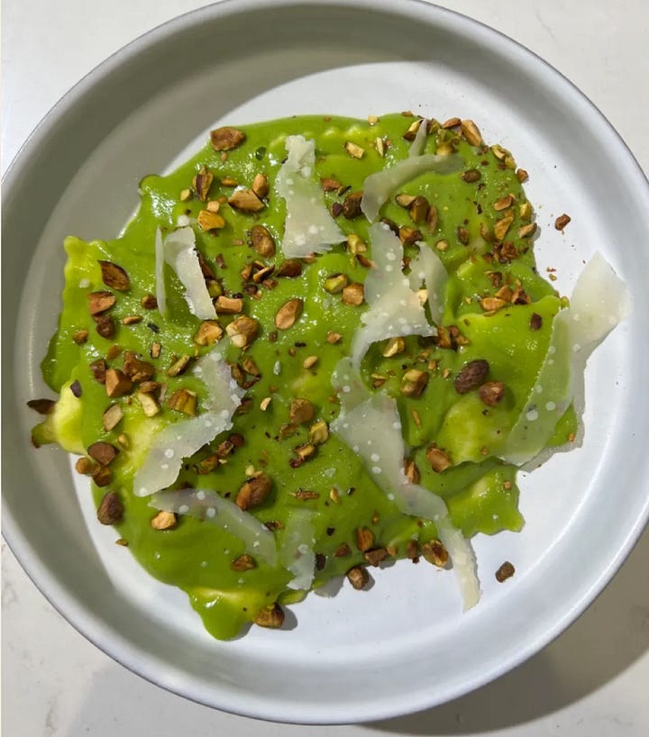 pasta salads and green pea ravioli