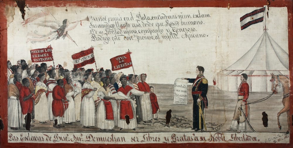 Painting depicting a group of men and women bearing banners approaching a man in military uniform who holds a scroll, with a tent and flag in the background Painting depicting a group of men and women bearing banners approaching a man in military uniform who holds a scroll, with a tent and flag in the background