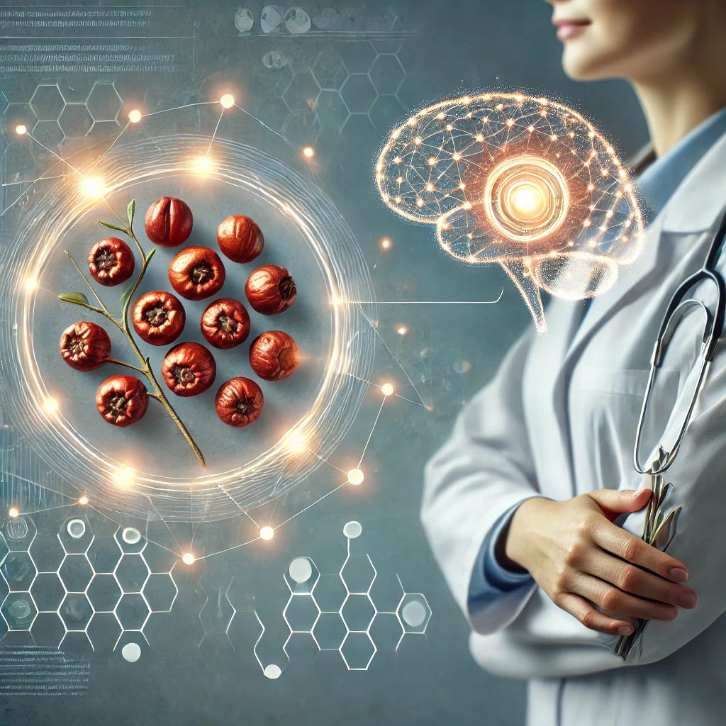 A professional medical illustration focusing on the concept of cognitive health restoration using traditional Chinese medicine, specifically highlighting the herb Ziziphus jujuba (jujube) seeds. The image should show the seeds alongside a simplified brain graphic, with glowing pathways or neural connections symbolizing improved cognitive function. Use a scientific, modern background that conveys innovation and safety, with a clean, informative style. The design should be approachable, blending elements of traditional herbal imagery with a medical context, suitable for an article on dementia research.