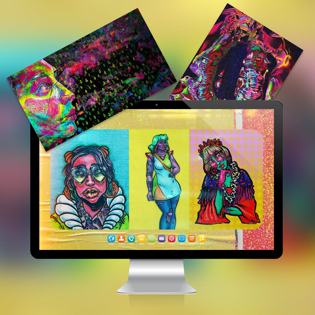 Mockup of an Apple-style desktop monitor displaying a wallpaper with three alien-like femms, and two additional wallpapers hovering over top.