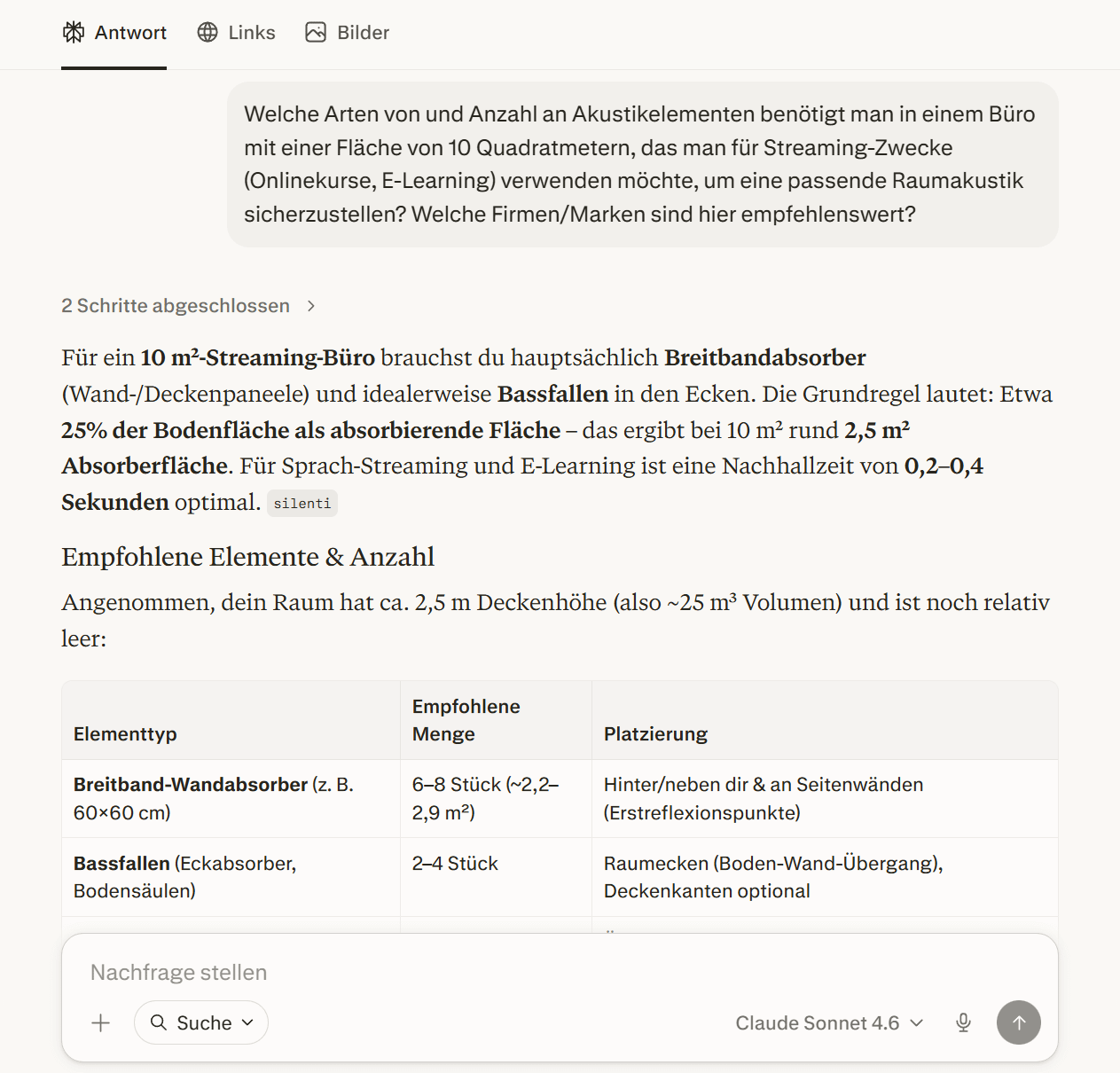 Screenshot einer Perplexity-Antwort auf die Frage nach Akustikelementen für ein zehn Quadratmeter großes Streaming-Büro. Die Antwort empfiehlt Breitbandabsorber und Bassfallen, nennt eine Zielnachhallzeit und zeigt eine Tabelle mit Elementtyp, empfohlener Menge und Platzierung. Im Antwortkopf sind die Reiter „Antwort“, „Links“ und „Bilder“ sichtbar.