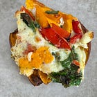 Sweet potato toast topped with veggie frittata