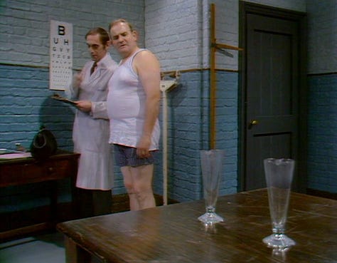 Fletch looking at a urine sample flask, Eddie Booth from Love Thy Neighbour reading a newspaper, and the title sequence from the pilot of Love Thy Neighbour