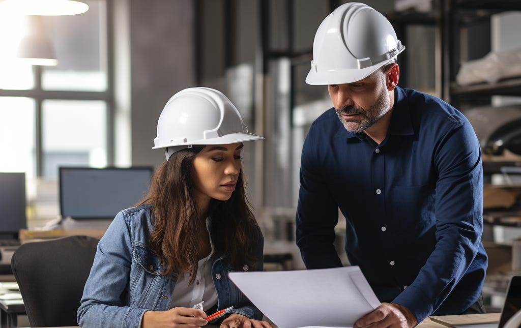 Two engineers referring to technical documentation