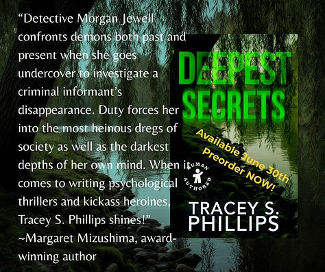 Book cover of Deepest Secrets and an image of a woman with a gun.