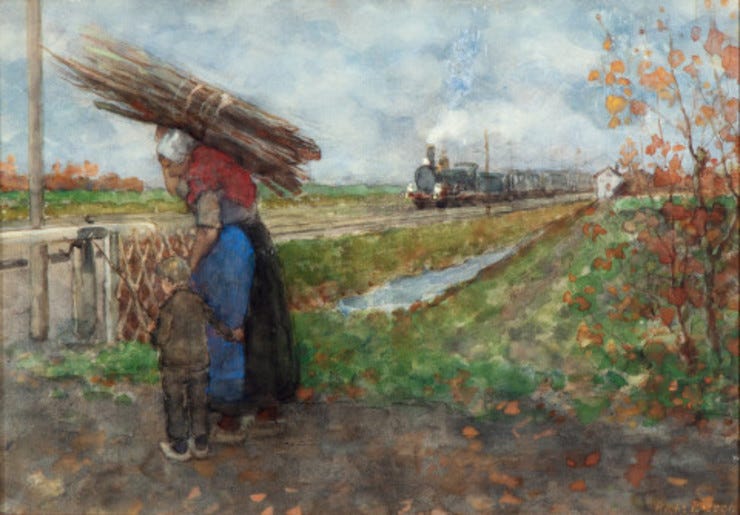 'Houtsprokkelaarster bij de treinovergang' - aquarel: Richard Bisschop ( lot 125 Venduehuis Den Haag) 'Houtsprokkelaarster bij de treinovergang' - aquarel: Richard Bisschop ( lot 125 Venduehuis Den Haag)