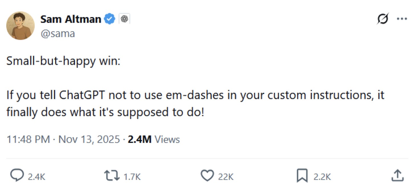 Screenshot of a tweet joking about ChatGPT finally avoiding em dashes.