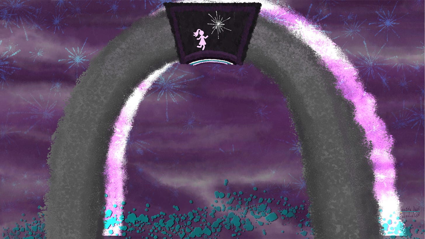 The first iteration of the "Core Values" sketchnote by Georgina Dean, showing the keystone and archway against a purple, sparkling background.