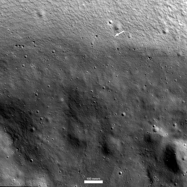 ShadowCam Image Shackleton Crater Boulder Slide (See Arrow)