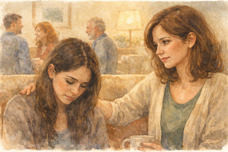 Sensitive woman noticing a friend’s distress and offering quiet support with awareness and compassion. Sensitive woman noticing a friend’s distress and offering quiet support with awareness and compassion.
