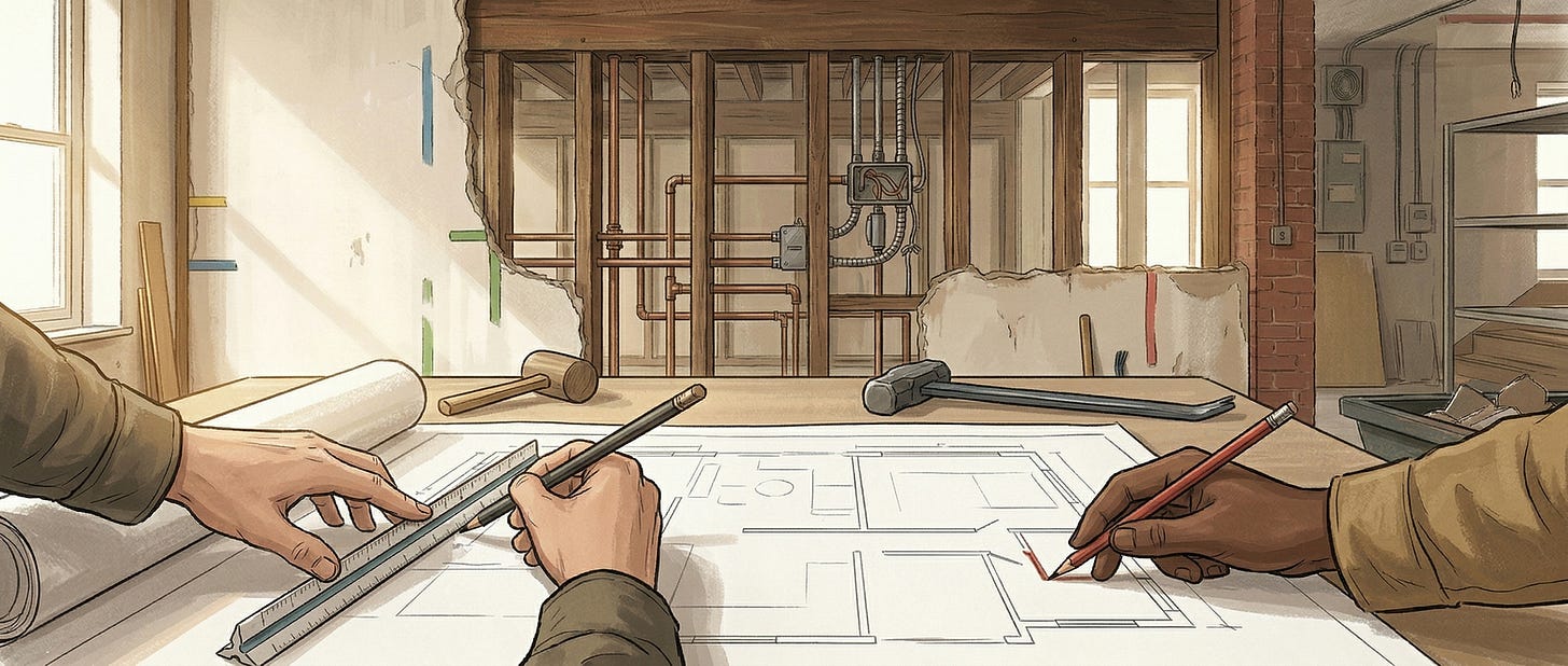 Interior: in the same space, workers pore over architectural designs.
