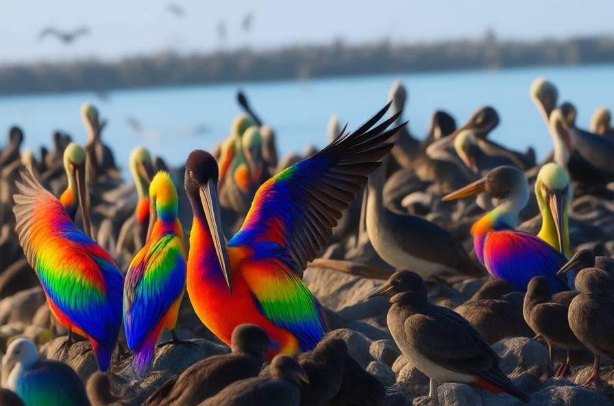 Pelicans on a rock now with rainbow feathers - but they look less realistic