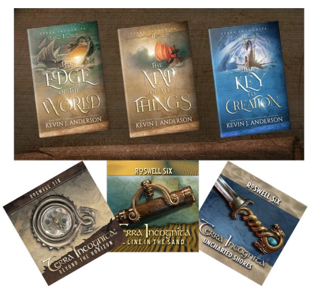 The Terra Incognita novels and CDs. At the top are three novels by Kevin J. Anderson: "The Edge of the World" , "The Map of All Things" and "The Key to Creation." Belows these are three CD covers by Roswell Six titled "Beyond the Horizon", "A Line in the Sand" and "Uncharted Shores." The artwork on the books and CDs are small, but the books depict ships and the CDs appear to show a nautical device, part of an old fashioned firearm, and the handle of a sword.