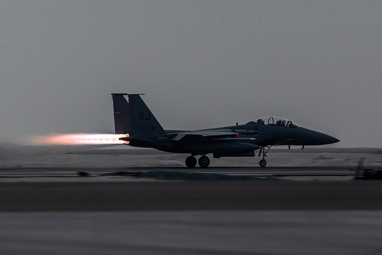 Photo: U.S. Air Force AFCENT by Tech. Sgt. Kregg York / Wikimedia Commons (Public domain) A U.S. Air Force F-15E Strike Eagle, assigned within the U.S. Central Command area of responsibility, takes off for a training flight, as part of exercise Desert Flag 2024, at an undisclosed location, April 30, 2024. Desert Flag, hosted by a regional