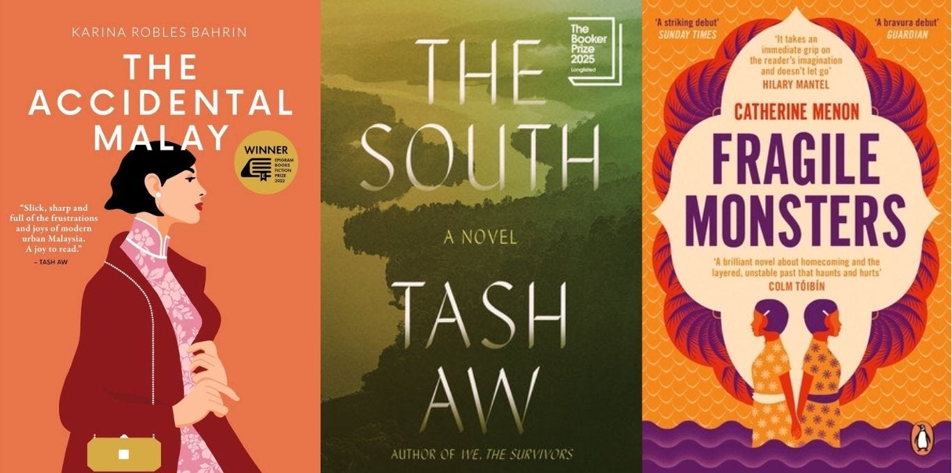A composite of three book covers, The Accidental Malay, The South and Fragile Monsters