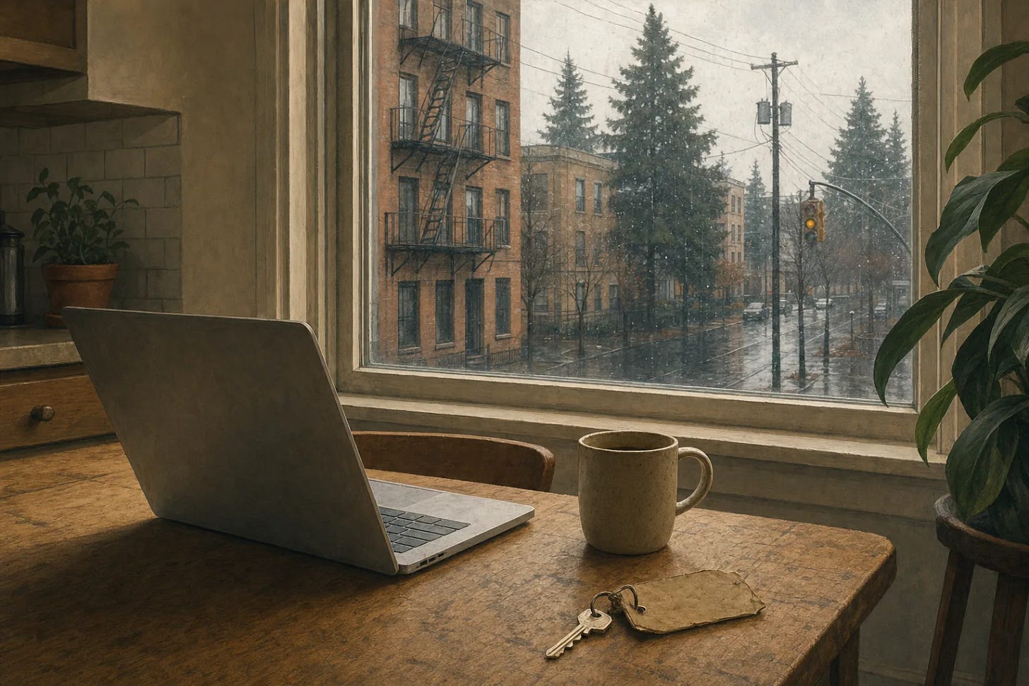 Plain kitchen table with an open laptop turned away, a mug and an old house key on a paper tag, a wet American brick city street with a fire escape visible through the window Plain kitchen table with an open laptop turned away, a mug and an old house key on a paper tag, a wet American brick city street with a fire escape visible through the window