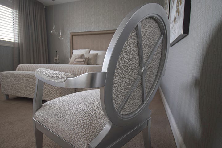 luxurious main bedroom in an apartment designed by Plush Design Interiors and Penelope Herbert