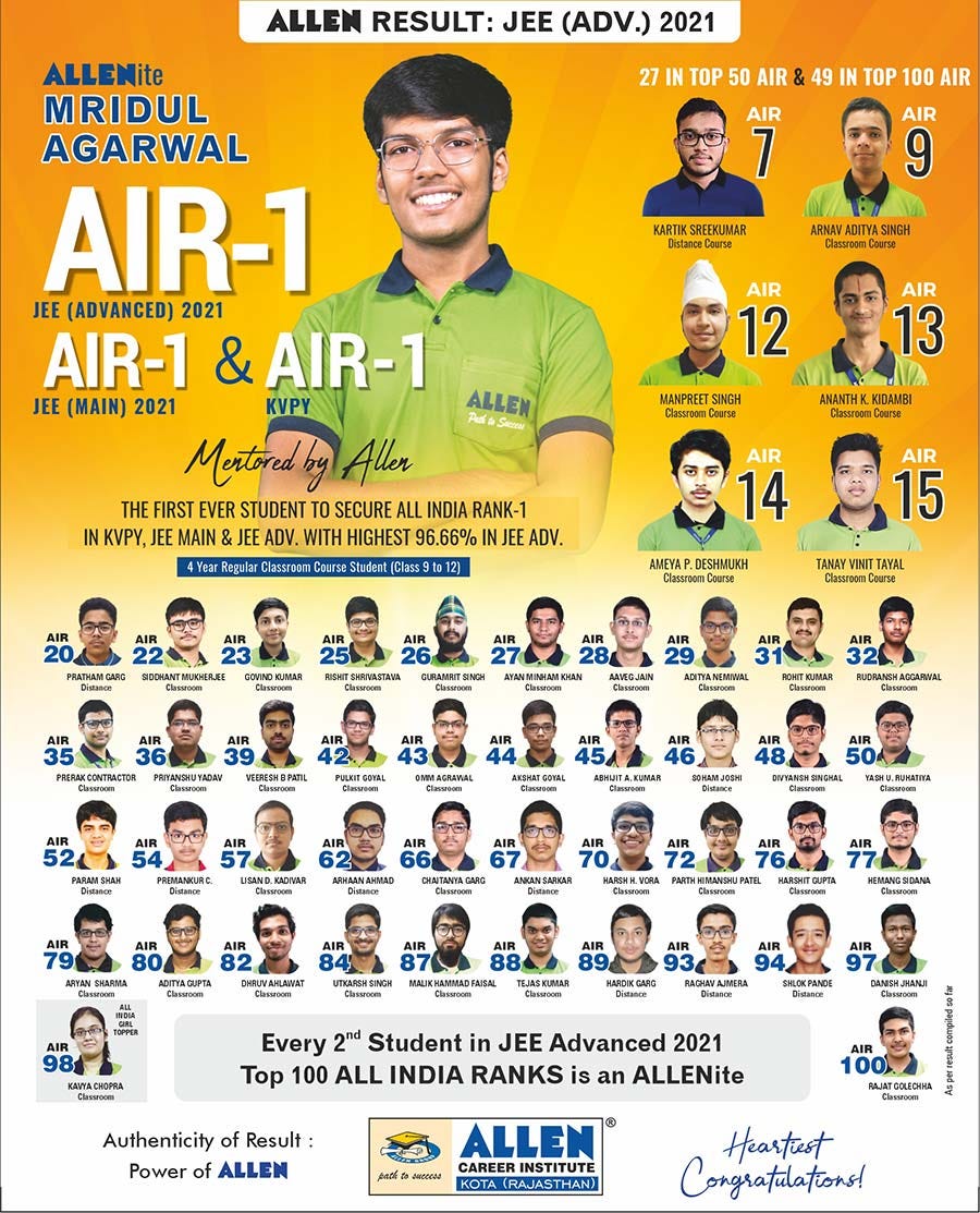 JEE (Advanced) 2021 Result: All India Rank-1 from ALLEN | 49 ALLENites in  Top 100 | Kota Coaching