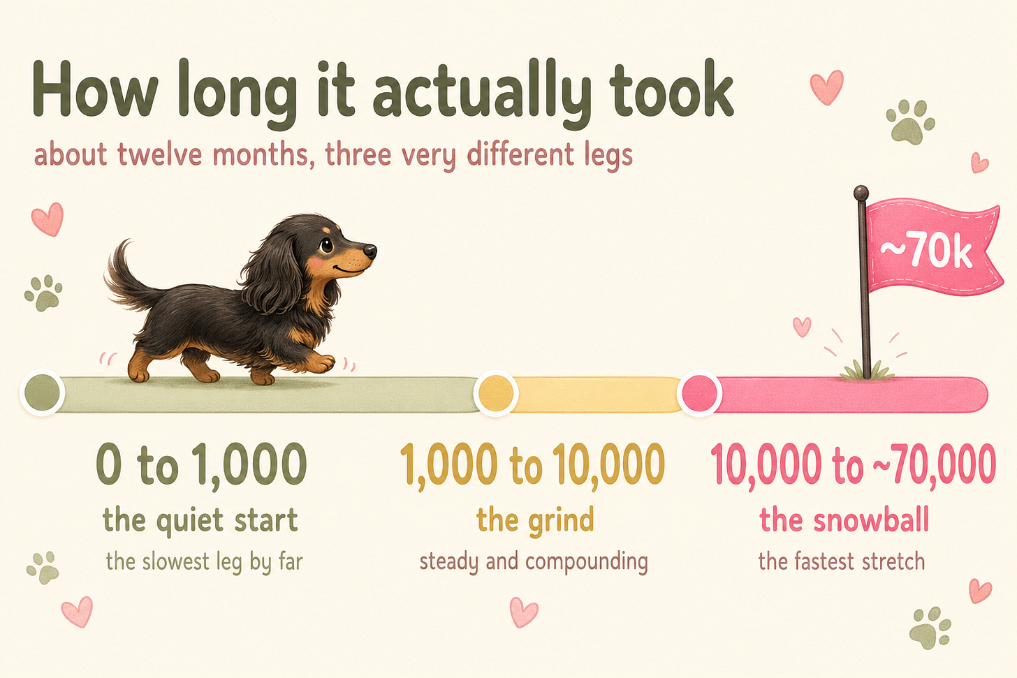 Timeline of growing a pet account over about twelve months in three legs: 0 to 1,000 the quiet start, 1,000 to 10,000 the grind, 10,000 to about 70,000 the snowball