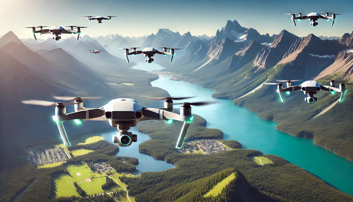 Drones flying over the scenic landscape of Canada, with lush green forests, expansive lakes, and towering mountains in the background. The drones are sleek and modern, showing small glowing lights as they hover in formation against a bright, clear sky. The image captures the vast natural beauty of Canada, with a touch of futuristic technology.