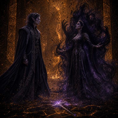Kasimir confronting Patrina in the Amber Temple: a dusk elf with hollow cheeks, mist‑gray eyes, angular elven features, and dark swept‑back hair touched with frost. He wears layered charcoal and indigo robes embroidered with silver runes, standing tense but dignified. Patrina faces him—dusky skin with violet undertones, raven‑dark hair, cold gleaming eyes, and Barovian‑Gothic sorceress robes in black, violet, and silver. The Amber Temple glows faintly around them, cracked amber walls and rising dust motes. The Brightblade hilt lies between them, pulsing violet. Shadows gather behind Patrina like a throne of smoke. Fully original, no resemblance to real people.