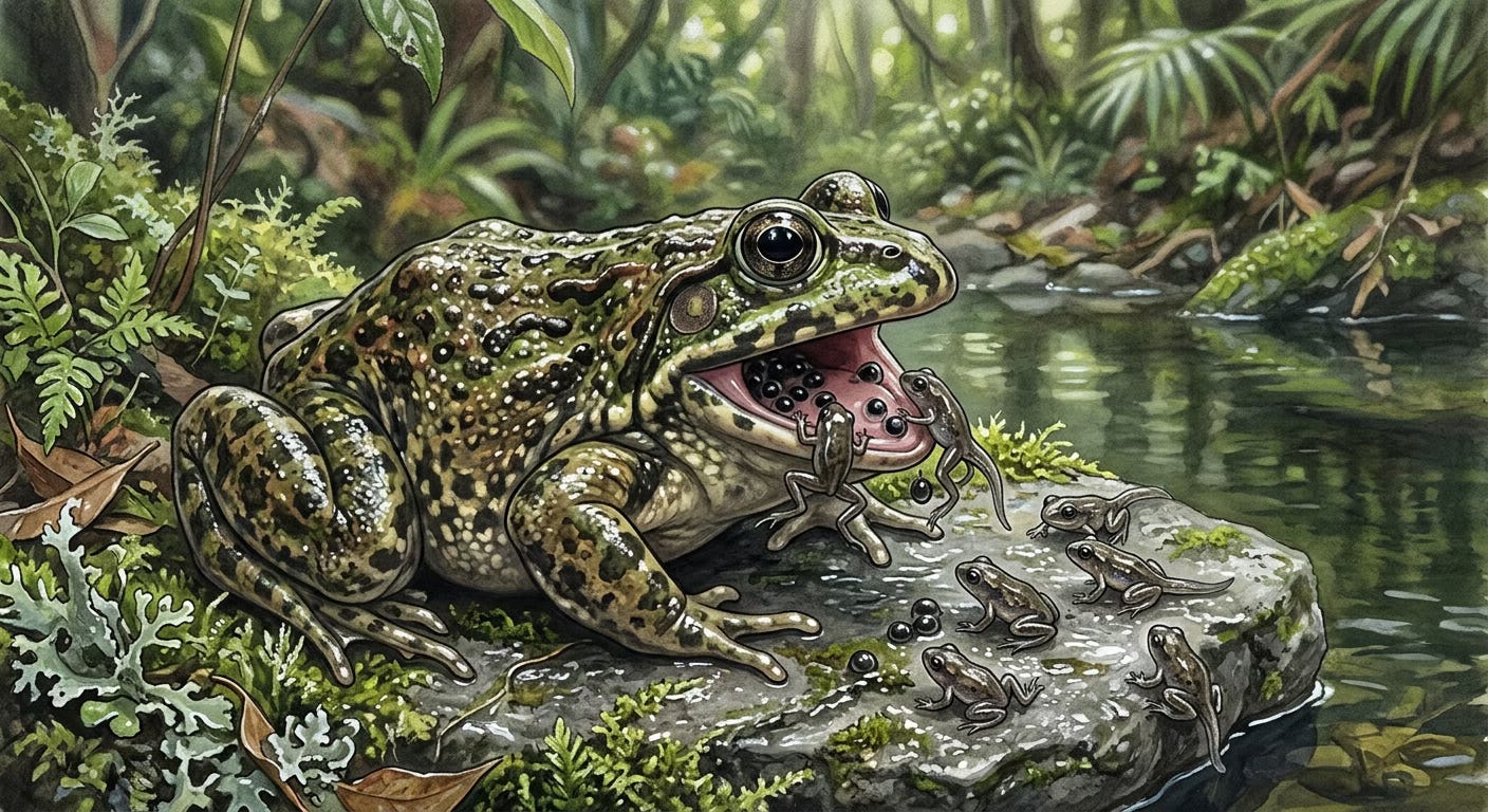 A frog on a lush, tropical riverback with tiny frogs and eggs in her mouth A frog on a lush, tropical riverback with tiny frogs and eggs in her mouth