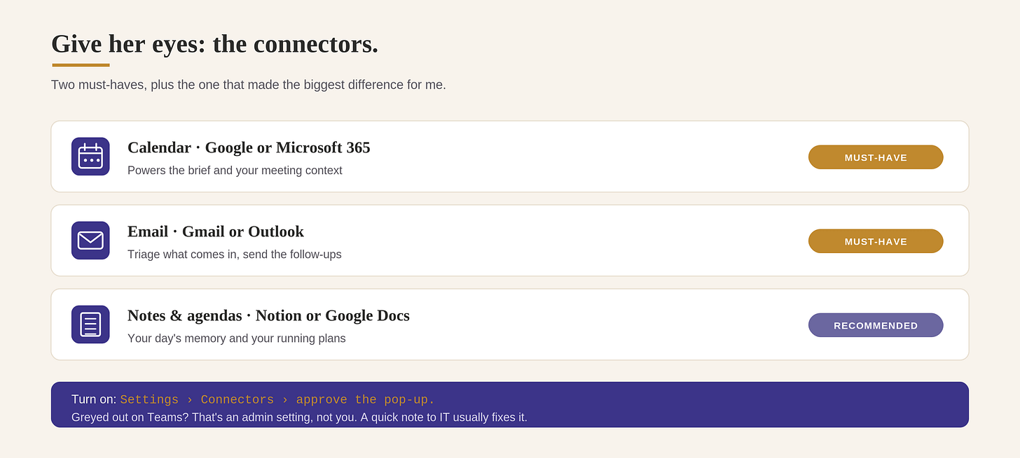 The connectors: Calendar and Email are must-haves, your notes and agendas are recommended, and where to switch them on The connectors: Calendar and Email are must-haves, your notes and agendas are recommended, and where to switch them on