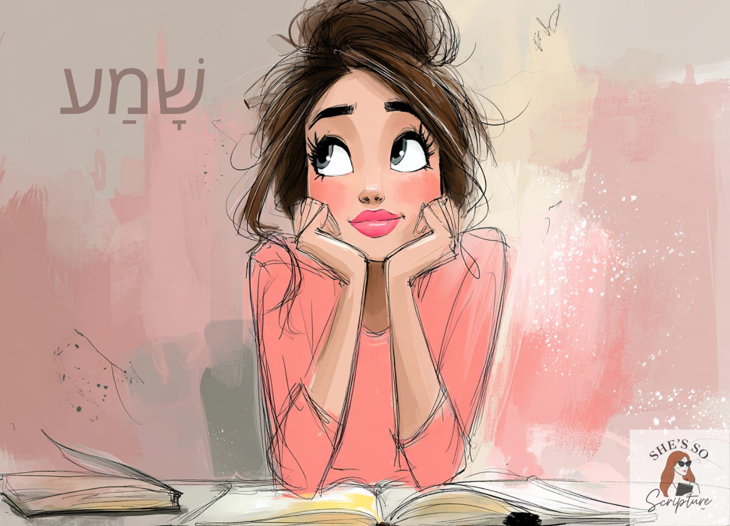 Illustrated woman studying Scripture with the Hebrew word “shama” (to hear, listen, obey) above her, representing deep listening and biblical understanding.
